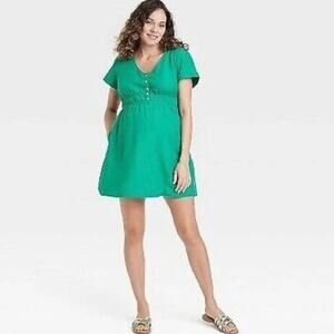 Kelly Green Maternity Mini Dress VNeck Button Front Pockets Cotton Blend, Size S